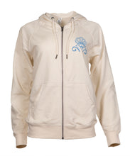Load image into Gallery viewer, Front view of the light-weight, zip up hoodie sweatshirt with a small, design detail on the front in light blue.