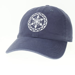 Product Image - Front View - Grey Baseball style hat with embroidered Snowflake mandala in white