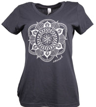Load image into Gallery viewer, Product Image : Front View - Grey - Women&#39;s  V-neck Tee with large white Ballston Spa Mandala in the center