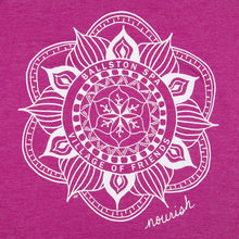 Load image into Gallery viewer, Close up of Ballston Spa Village of Friends mandala design - white on pink