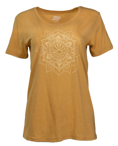 Product Image : Front View - Women's Crew-neck Tee - Mustard with a large ivory sun mandala design in the center. 