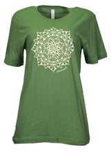 Load image into Gallery viewer, Product Image : Front View - Unisex Green Crewneck Tee with large ivory mandala design in the center