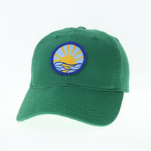 Load image into Gallery viewer, Product Image : Front View -Baseball style cap with sun mandala embroidered patch - on green hat 