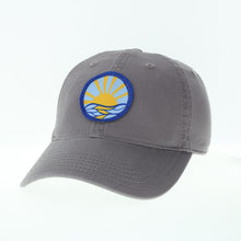 Load image into Gallery viewer, Product Image : Front View -Baseball style cap with sun mandala embroidered patch - on grey hat 