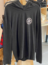 Load image into Gallery viewer, Product Image : Front View - Unisex Hooded T-shirt dark gray with small white snowflake mandala over left chest - image was taken on a hanger in the shop