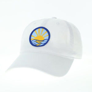 Product Image : Front View -Baseball style cap with sun mandala embroidered patch - on white hat 