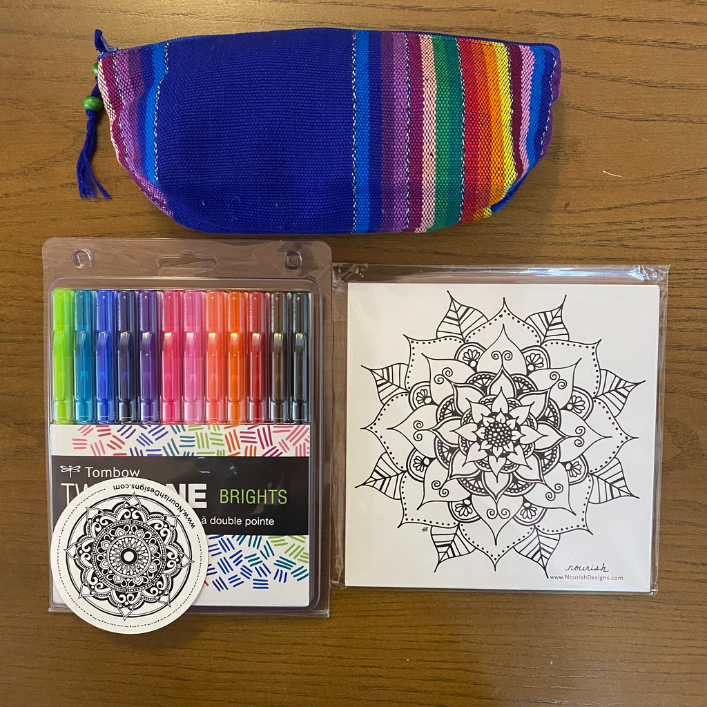art supplies, markers, pencil case, mandala coloring card