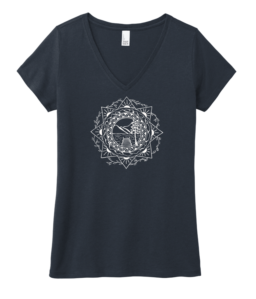 Black t-shirt with white geometric design on a white background