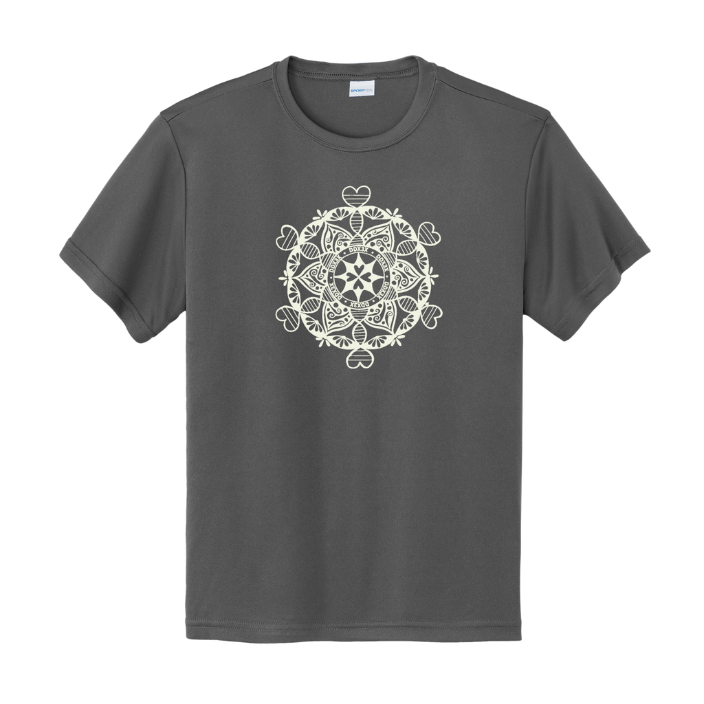 Gray t-shirt with a white mandala design on a white background