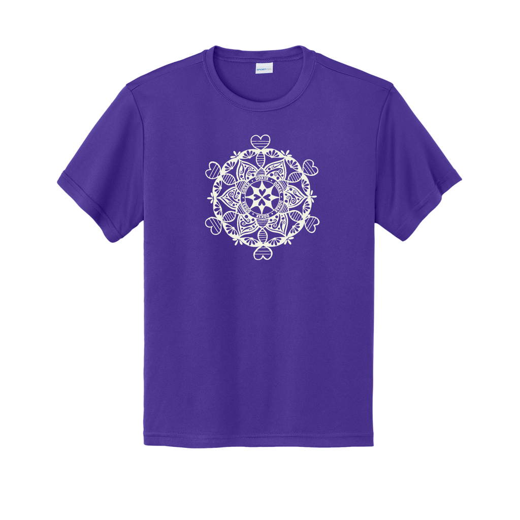 Purple t-shirt with a white mandala design on a white background