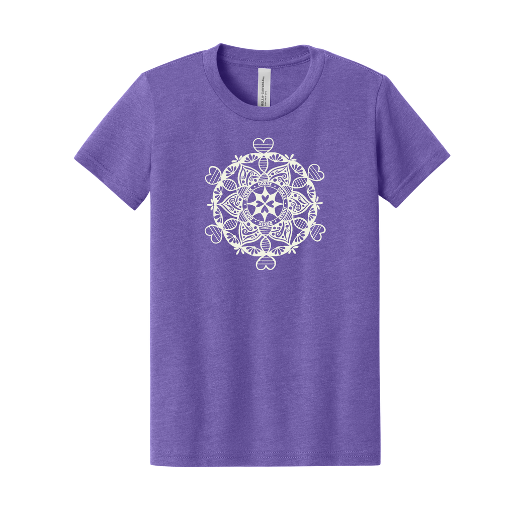 Purple t-shirt with a white mandala design on a white background