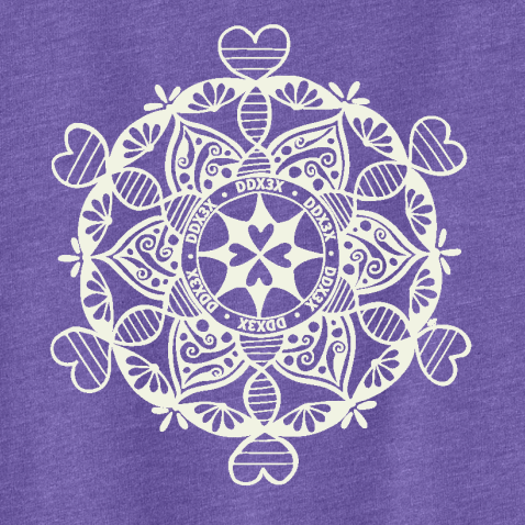 Purple t-shirt with a white mandala design on a white background