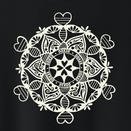 Black t-shirt with a white mandala design on a white background