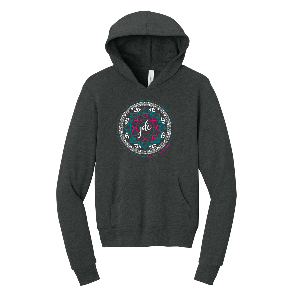 Dark gray hoodie with a colorful circular design on a white background