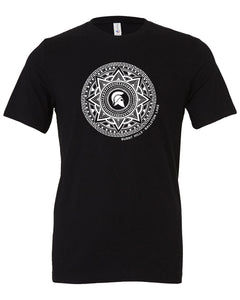 product photo: black shirt with white design.   