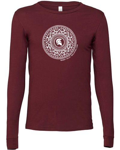 product photo: maroon shirt with white design.   