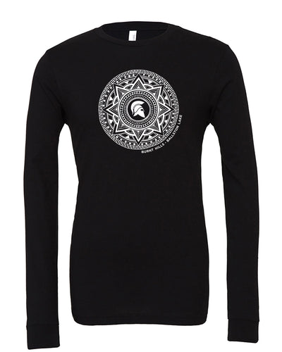 product photo: black shirt with white design.   