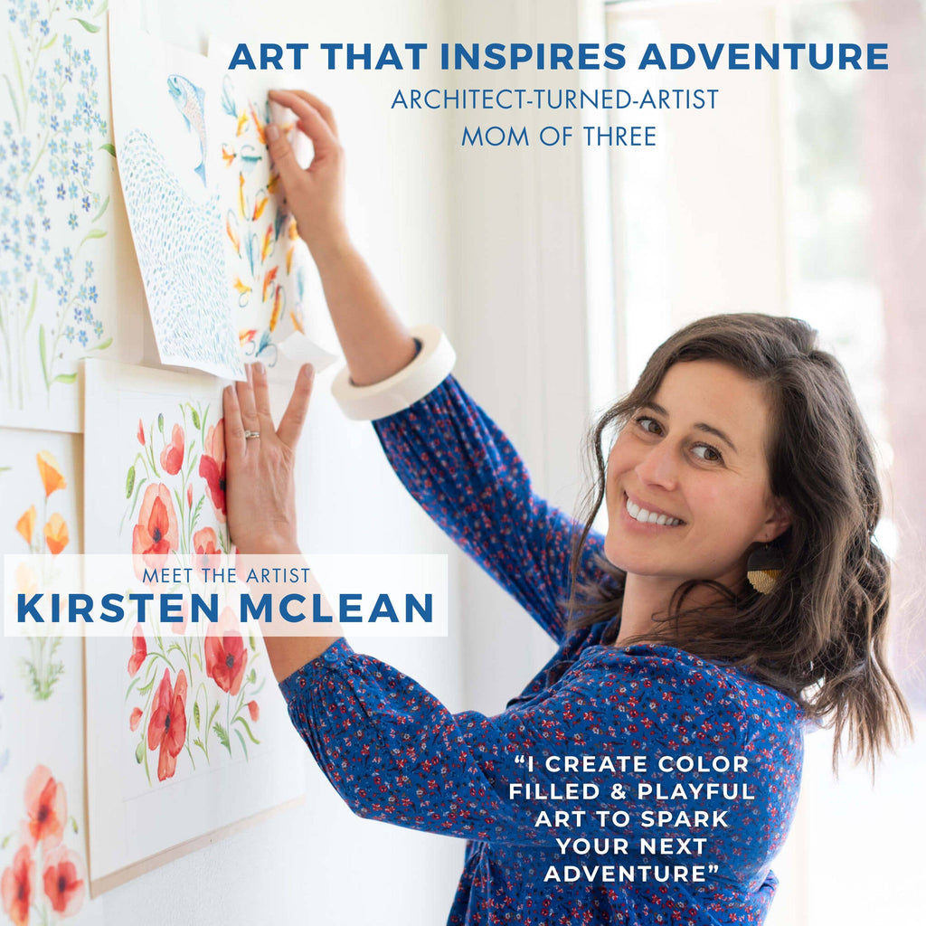 Woman painting with text about Kirsten McLean and her artwork