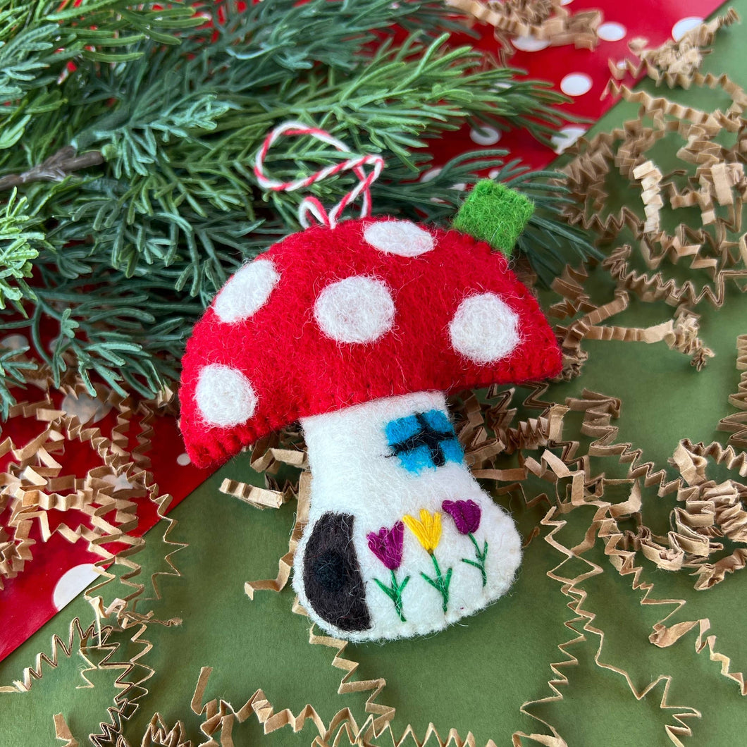 Mushroom House Felt Wool Christmas Ornament (provides 6 meals)