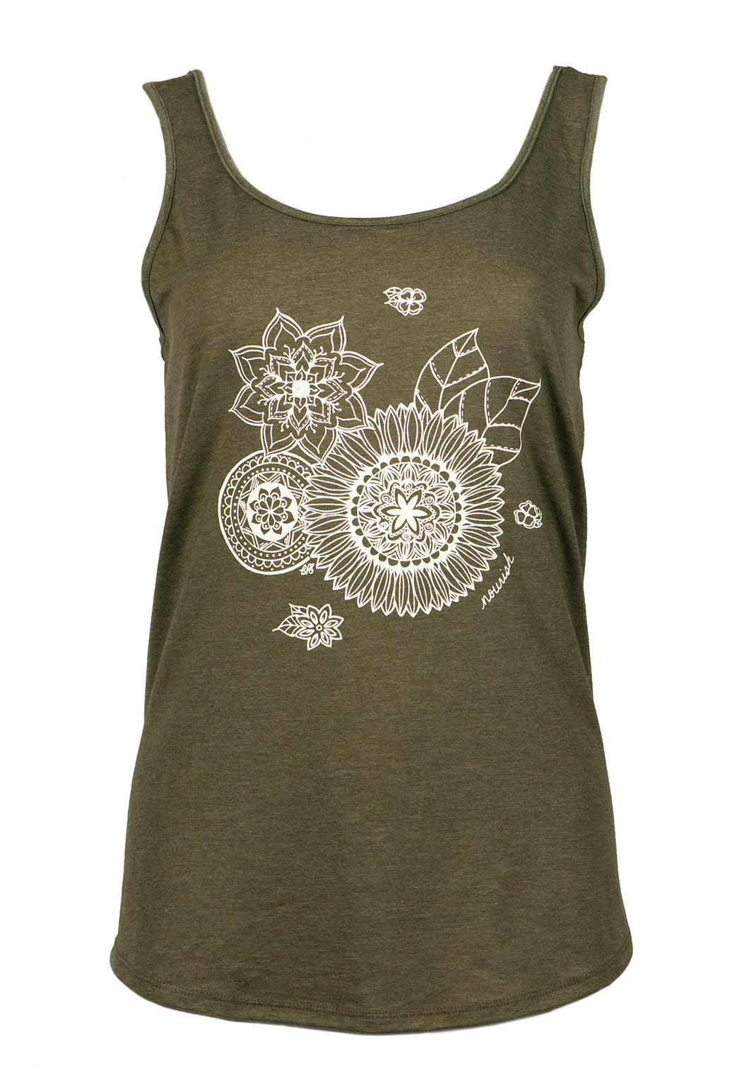 Front view of the Women's Relaxed Sage Green Tank with hand drawn mandala