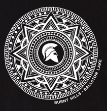 Load image into Gallery viewer, Close up view of Custom BH-BL Mandala Design in white on black shirt