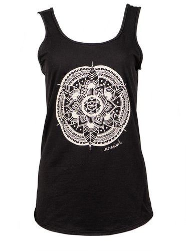 Front image of women's relaxed fit Black Mandala Tank