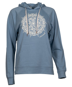 Lightweight Hooded Sweatshirt with an ivory hand drawn mandala. Sweatshirt has double string and a front pocket.