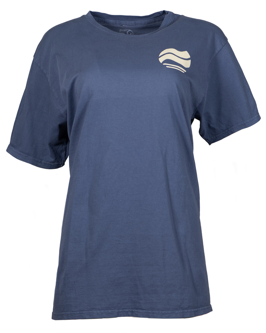 Product Image : Blue - Unisex Cotton Short-Sleeved Crew - small ivory colored abstract wave design over left chest 