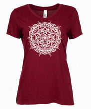 Load image into Gallery viewer, Women&#39;s Cranberry Mandala V-neck Tee (provides 12 meals)