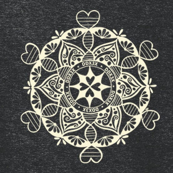 Black t-shirt with a white mandala design on a white background