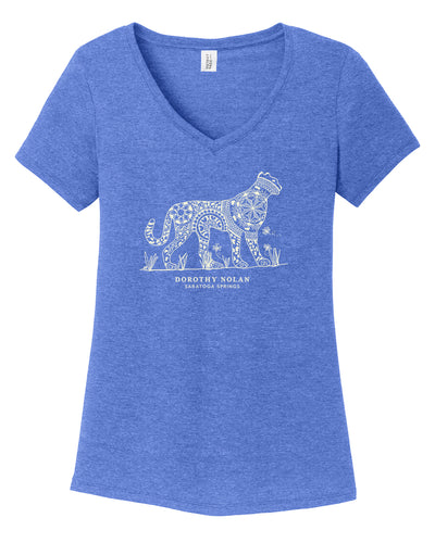 Dorothy Nolan Cheetah Womens V-neck T-Shirt - Blue (provides 7 meals)