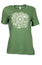 Load image into Gallery viewer, Product Image : Front View - Women&#39;s Relaxed Crew Neck T-shirt Green with large ivory flowers and pollinators mandala design in the center 