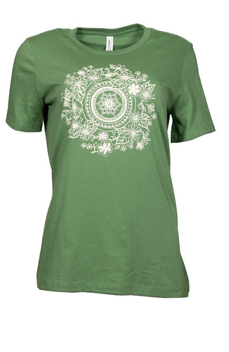 Product Image : Front View - Women's Relaxed Crew Neck T-shirt Green with large ivory flowers and pollinators mandala design in the center 