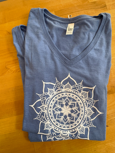 Women's Blue Mandala V-neck Tee (provides 12 meals)