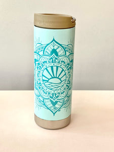product Image: Front View - matte blue tint Insulated coffee cup with darker blue sun mandala design and a taupe lid