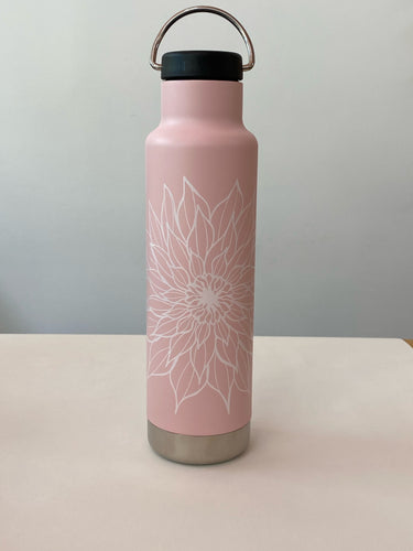 Product Image: Co-branded Klean Kanteen 16 OZ insulated water bottle in lotus color with a white dahlia mandala design