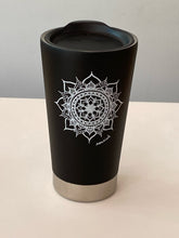 Load image into Gallery viewer, Product Image: Matte Black insulated Tumbler with white mandala design and black lid