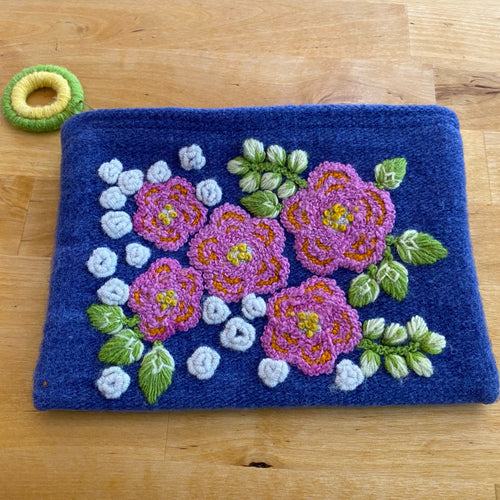 Embroidered Wool Zippered Purse - Five Dahlias (provides 12 meals)