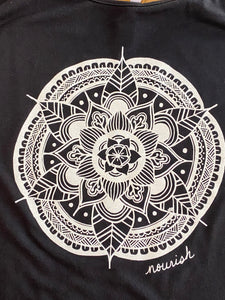 close up of the hand drawn mandala in ivory. 