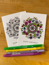 Load image into Gallery viewer, two color your own Birthday Cards one colored in with pens.