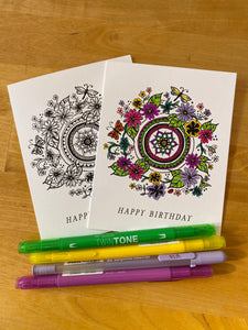 two color your own Birthday Cards one colored in with pens.