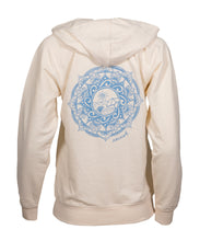 Load image into Gallery viewer, Back view of the ivory hoodie sweatshirt showing the light blue hand drawn beach scene