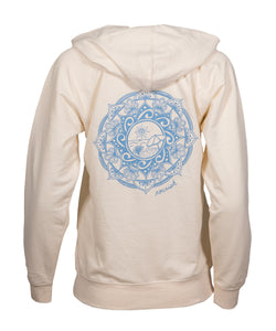 Back view of the ivory hoodie sweatshirt showing the light blue hand drawn beach scene