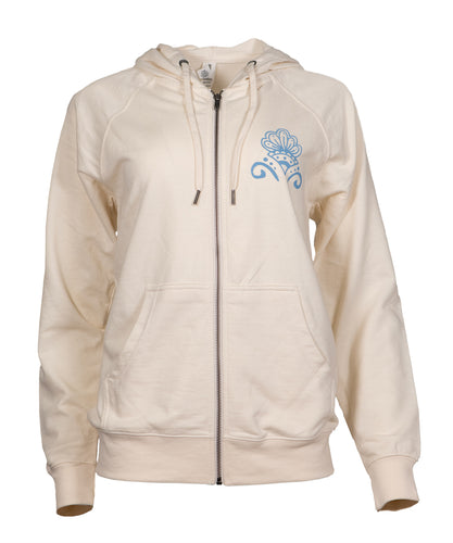 Front view of the light-weight, zip up hoodie sweatshirt with a small, design detail on the front in light blue.