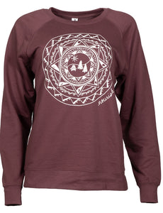 Front view of the maroon crew sweatshirt with the ADK mandala design. 