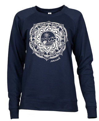 Navy crew sweatshirt with a hand drawn mandala featuring a beach scene in the middle. 