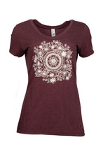 Load image into Gallery viewer, Product Image : Front View - Women&#39;s Maroon V-neck T-shirt with Large ivory  mandala design filled with blooms and pollinators in the center of the shirt