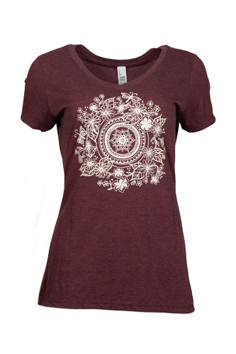 Product Image : Front View - Women's Maroon V-neck T-shirt with Large ivory  mandala design filled with blooms and pollinators in the center of the shirt