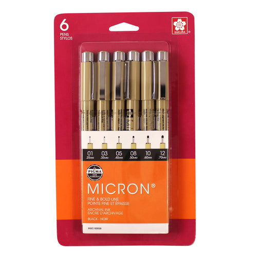 Sakura Pigma Micron Pen Set, Black, 6-Pens (01, 03, 05, 08, 10 & 12) (provides 8 meals)