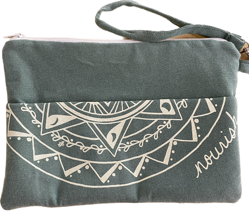 Product photo:  green clutch with ivory design
